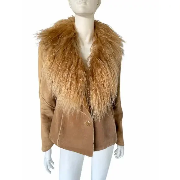 Vintage Guess Suede Jacket with Mongolian Fur Collar sz M - Picture 1 of 9